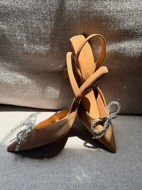 Zara Camel Pointed Slingback Heels with Crystal Bow Accent